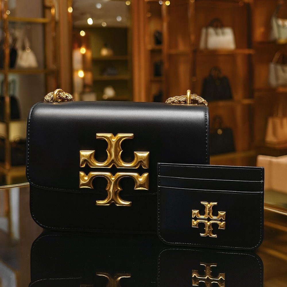 Tory Burch Eleanor Black Leather Small Convertible Shoulder Bag + Card Case